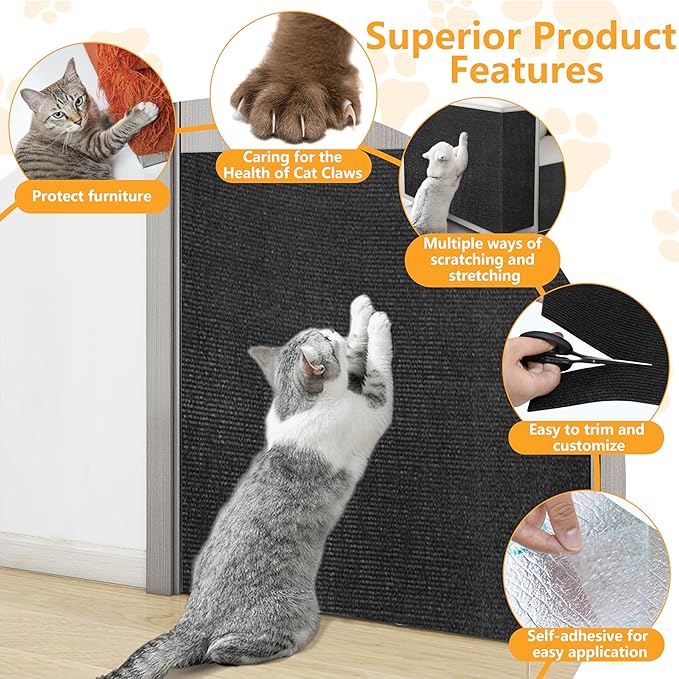 Cat Scratch Pad for Wall,Cuttable and Adhesive Cat Scratching Mat,Fun Interactive Scratcher,Cat Scratch Furniture Protector (Black,39.3×15.8inch)