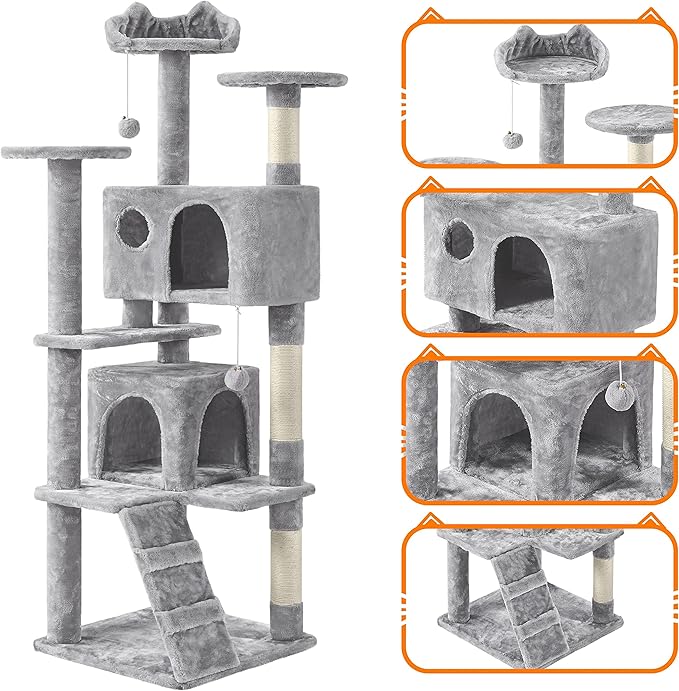 Topeakmart 61in Cat Tree for Indoor Cats, Cat Tower with Scratching Posts Spacious Perch & Platform for Kittens, Light Gray