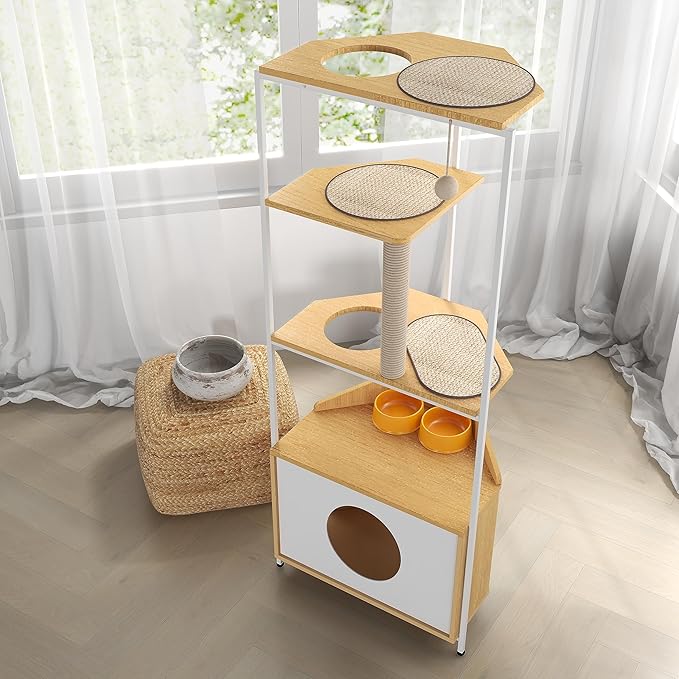 Cat Tower for Indoor Cats, Pet Furniture, Cat Tree with Scratching Posts, Cat Condo with Feeding Station and Climbing Platforms, Durable P2 Grade Particle Board, P2 Particle Board(White + Light Oak)