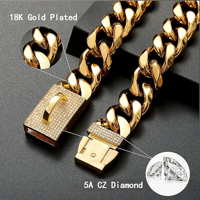 New Gold Dog Chain Collar with Bling Zircon Buckle,19MM Strong Stainless Steel Cuban Link Chain Collar,Dog Necklace Collar for Small Medium,Large Dogs