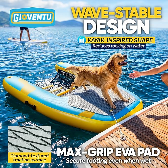 Inflatable Dog Boat Ramp, Heavy-Duty Floating Dog Water Ramp for Large Dogs, 220 LBS Capacity, Stable Drop-Stitch Platform with Submerged Steps, Non-Slip Surface, for Boats, Docks & Pools