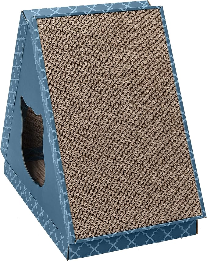 Furhaven Cardboard Hideout w/ Catnip for Indoor Cats, Ft. Scratching Pads - Tiger Tent Corrugated Cat Scratcher Hideout - Teal, One Size