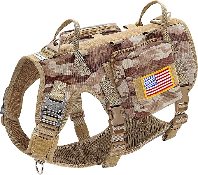 Forestpaw Dog Harness for Large Dogs,Tactical Dog Harness with Handle,No Pull Military Service Dog Vest with Pockets Adjustable for Walking Training,Camo Brown,Chest 21.5-45"