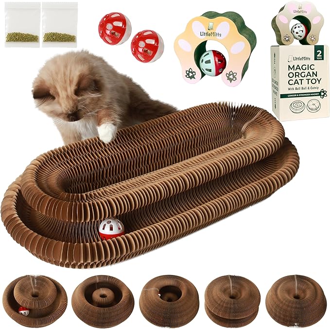 2X Magic Organ Cat Scratcher Board Toy with Bell Ball and Catnip - Longer, Stretchier Accordion Cardboard Scratching Pad with 4 Strong Magnets - Interactive Fun and Enrichment for Indoor Cats