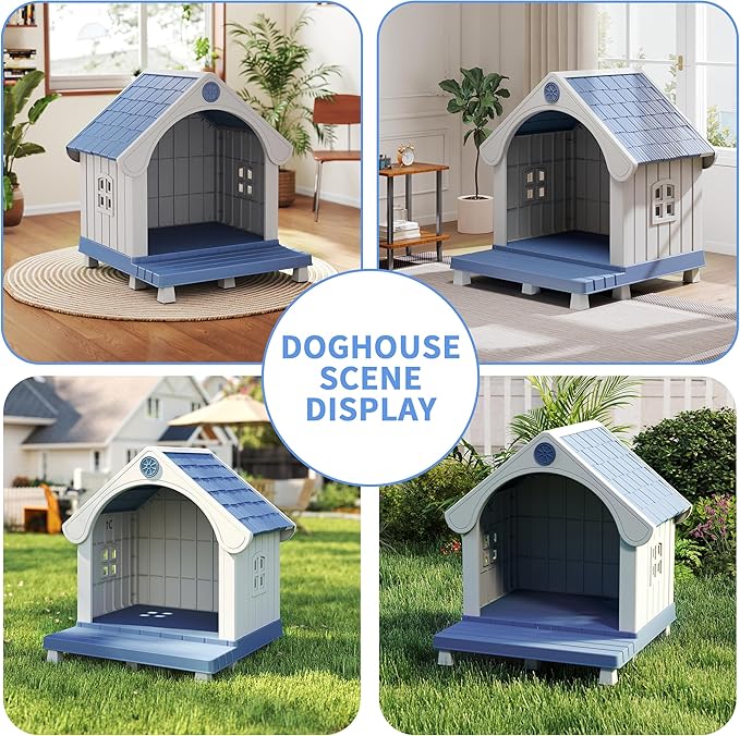 Dog Houses Outdoor, Large Dog House with Air Vents and Elevated Floor Dog House Bed for Outdoors,Courtyard,Lawn,Waterproof, Sturdy, Resin and Easy Assembly