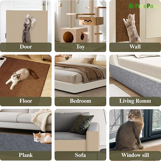 PinePaw Cat Scratch Furniture Protector - Trimmable Self-Adhesive Carpet DIY Climbing Cat Scratcher Pad for Couch Protector from Cat Claws Scratching Covering Cat Tower (LightGrey 11.8'' × 39.4'')