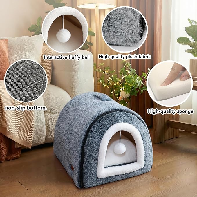 Cat Bed for Indoor Cats,2-in-1 Convertible Cat Bed & Cave,Foldable Washable Cat House,Soft and Thick Removable Inner pad, Anti-Slip Bottom,cat Tent for Kittens,Cats & Small Dogs,Dark Grey