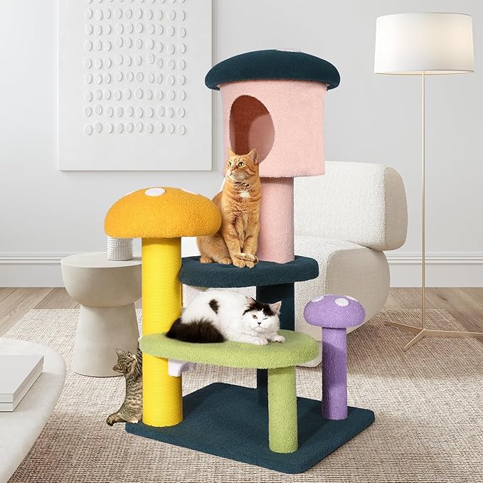 NUNU LAB Mushroom Cat Tree, Multi-Level Cat Tower, Mushroom Cat Scratching Post, Cute Cat Tower, with Cat Scratching Post, Cat Bed & Interactive Balls, for Indoor Cats (C-067, 26.8 * 22.8 * 55.1)
