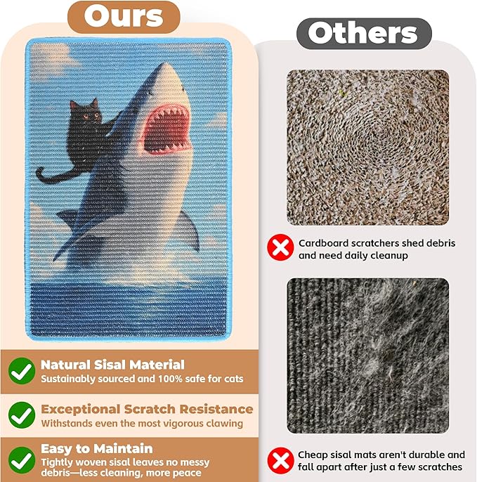 Sisal Cat Scratcher Mat, Cat Wall Scratcher for Indoor Cats, 23.6x15.7 Inch Cat Scratch Pad with Hook & Loop, Wall Mounted Cat Scratching Post to Protect Couch and Carpet（Shark）
