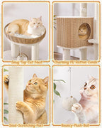 Yaheetech 36in PE Rattan Cat Tree with Big Perch, Breathable Woven Condo, Extra Long Sisal Scratching Post, Washable Cushion, Natural Cooling Design for Indoor Large Kittens, Beige