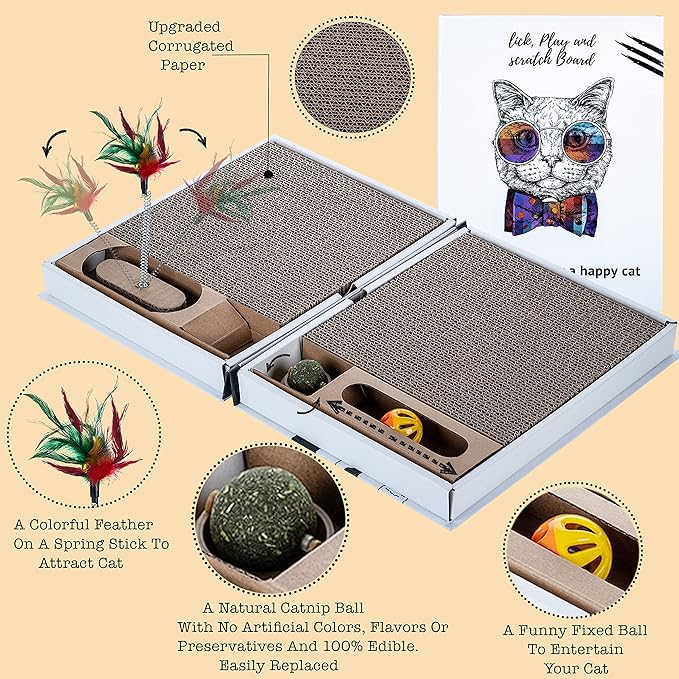 All-in-One Cat Scratcher Pad and Play Area, Foldable & Easy to Store Book-Shaped Cardboard with 2 Reversible & Replaceable PCs Dense Scratch Pad Cat/Kitten,with Cat Ball/Cat Feather Toy & Catnip Ball