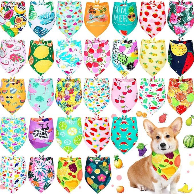 Eccliy 30 Pack Spring Dog Bandanas Bulk Summer Fruit Pet Bandanas Soft Triangle Dog Scarfs Polyester Bandana Pet Costume Cute Scarf Bibs with Flowers Patterns for Small Medium Large