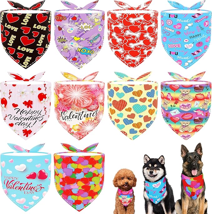 10PCS Big Valentines Day Dog Bandanas 33Inch with Heart Lip Rose Love Print for Extra Large XL XXL Breed Dog Triangle Bibs Scarves for Boys and Girls Holiday Grooming Accessories