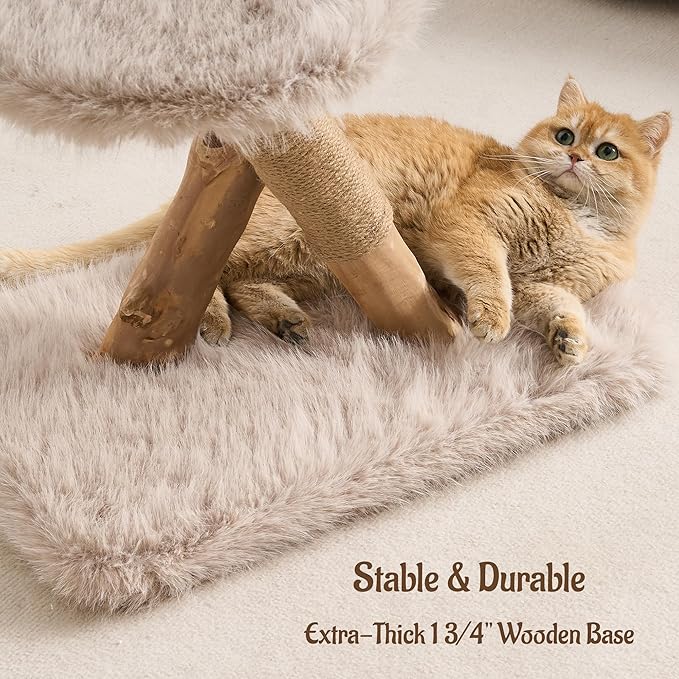 33" Modern Cat Tree for Indoor Cats, Aesthetic Natural Wood Cat Tower with Branch-Style Scratching Posts, Luxury Plush Faux Fur Cat Bed with Natural Loft, Perch & Hanging Ball, Almond Khaki