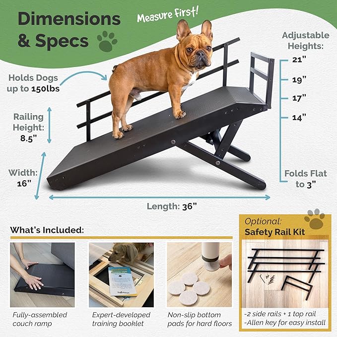 DoggoRamps Dog Ramp for Couch with Safety Rails - Adjustable from 14" to 21" with Anti-Slip PAWGRIP & Convenient Platform Top - for Small Dogs up to 150lbs - Made of Solid Hardwood in North America