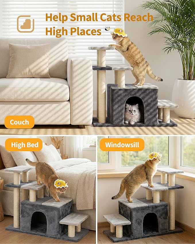 4-Tier Cat Stairs for High Bed with 22'' Cat Scratching Post, Pet Steps for Doggies Rabbit Ferret, Adjustable Cat Cave, Grey, Extra Large