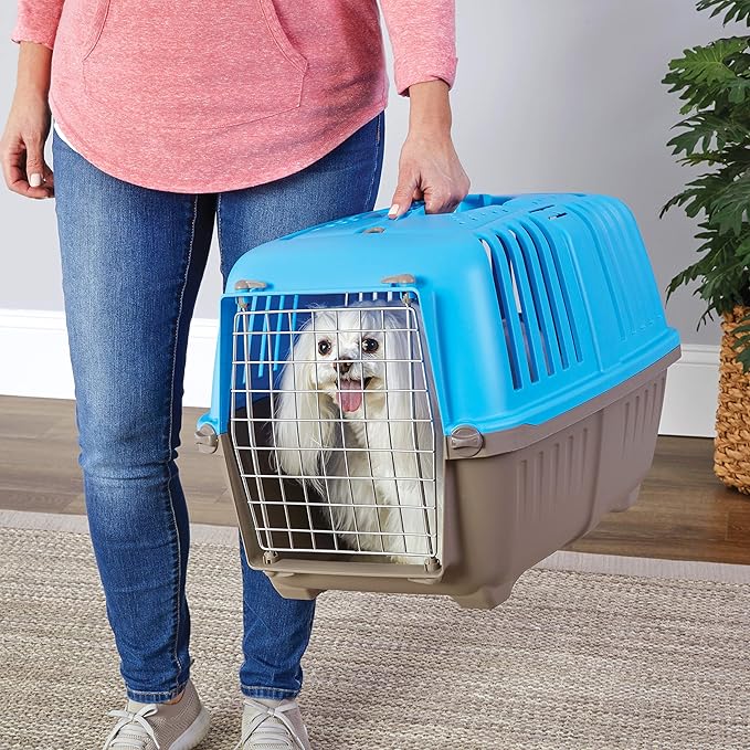 MidWest Homes for Pets Spree Travel Carrier – Hard-Sided Dog & Cat Carrier, Small Pet Travel Crate with Handle, Ventilated Design, Easy Assembly, 24-Inch, Blue