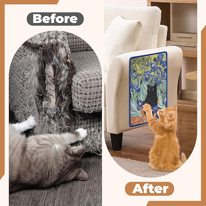 Sisal Cat Scratcher Mat, Cat Wall Scratcher for Indoor Cats, 23.6x15.7 Inch Cat Scratch Pad with Hook & Loop, Wall Mounted Cat Scratching Post to Protect Couch and Carpet（Irises）