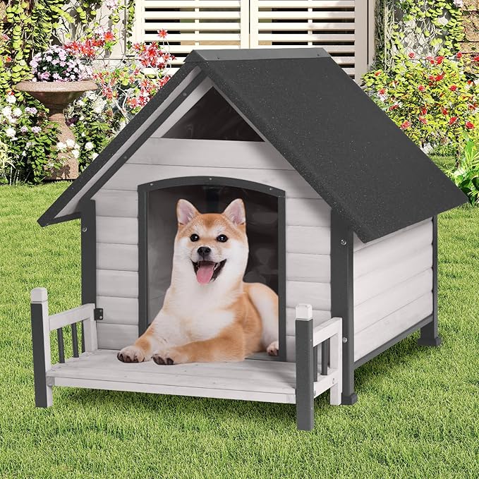GUTINNEEN Dog House Outdoor with Anti-Bite Metal Frame, Dog Kennel with Porch and Weatherproof Roof for Small, Medium, Large Breeds, Puppy Home Indoor (White, 45’’ Medium)