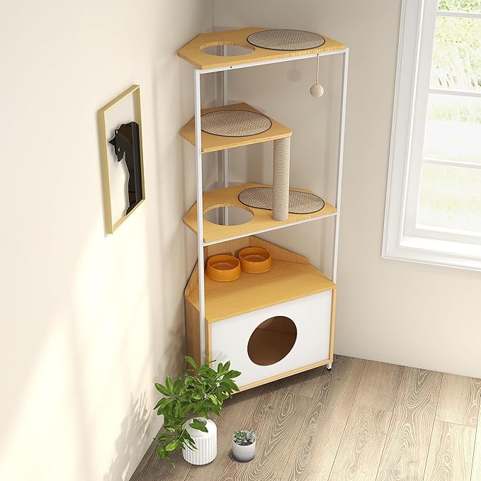 Modern Cat Tree Furniture for Indoor Cats Multi-Level Cat Tower with Scratching Post, Cat Condo, Feeding Station & Corner-Saving Design Stylish Wood & Metal Pet Furniture for Home Decor