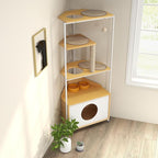 Modern Cat Tree Furniture for Indoor Cats Multi-Level Cat Tower with Scratching Post, Cat Condo, Feeding Station & Corner-Saving Design Stylish Wood & Metal Pet Furniture for Home Decor