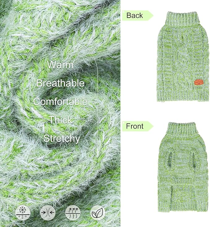 BEAUTYZOO Small Dog Sweater -Turtleneck Pullover Classic Cable Knit Fuzzy Winter Coat Dog Cold Weather Clothes for Small Medium Dogs Puppy Girl Boys,Green XS