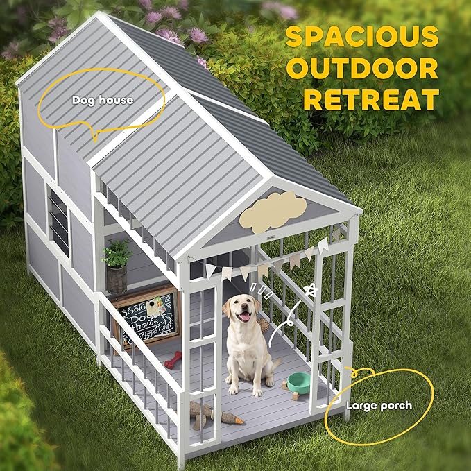 PawHut Dog House Outdoor Indoor, 79" x 41" x 63" Wooden Dog Shelter with Porch, Storage Cabinet, Weatherproof Roof, Elevated Floor, Air Vents & Observation Windows, Large Pet Shelter for Large Breeds