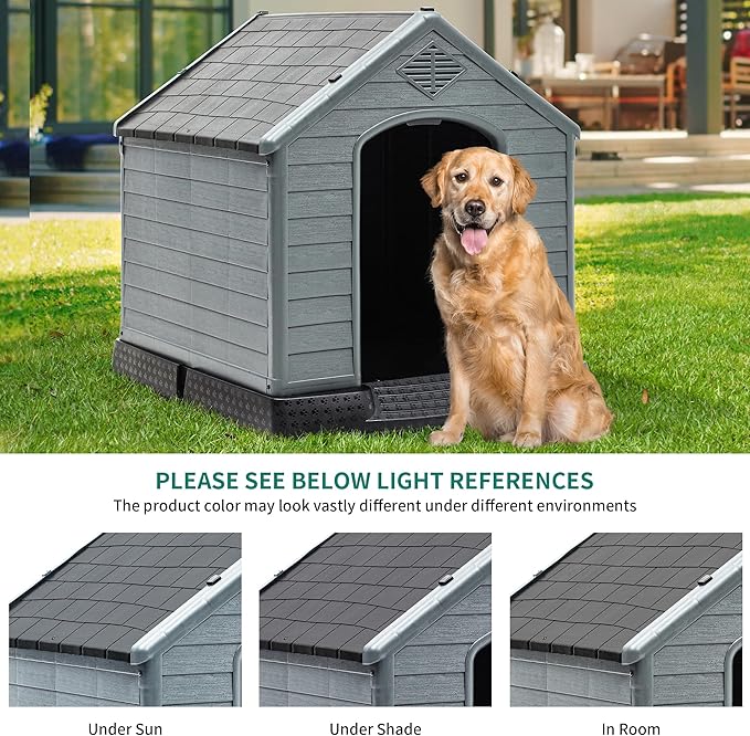 YITAHOME Plastic Dog House, Waterproof Indoor Outdoor Doghouse for Large or Small Dog, with Air Vents and Elevated Floor, Easy Assemble and Clean