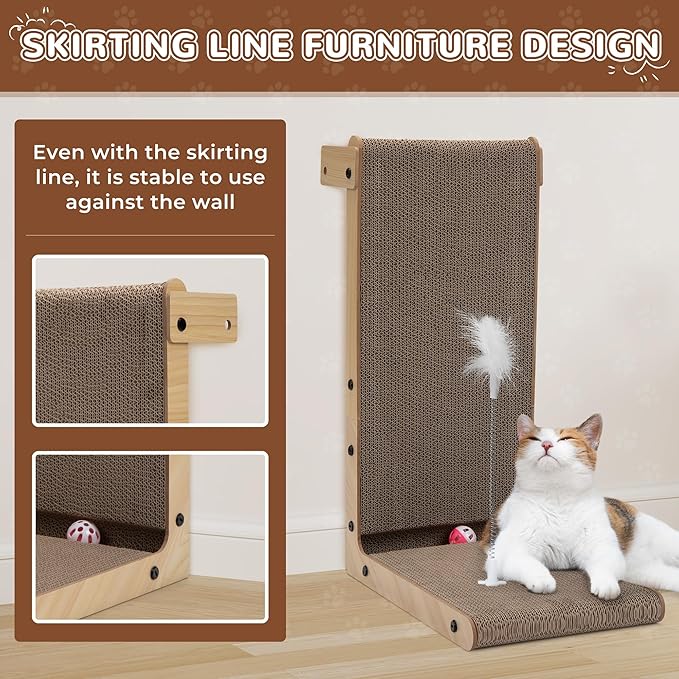 COZIWOW L-Shape Cat Scratcher Lounge, Corrugated Cardboard Scratching Pad for Indoor Cats, Durable Cat Furniture with Spring Toy (Walnut)