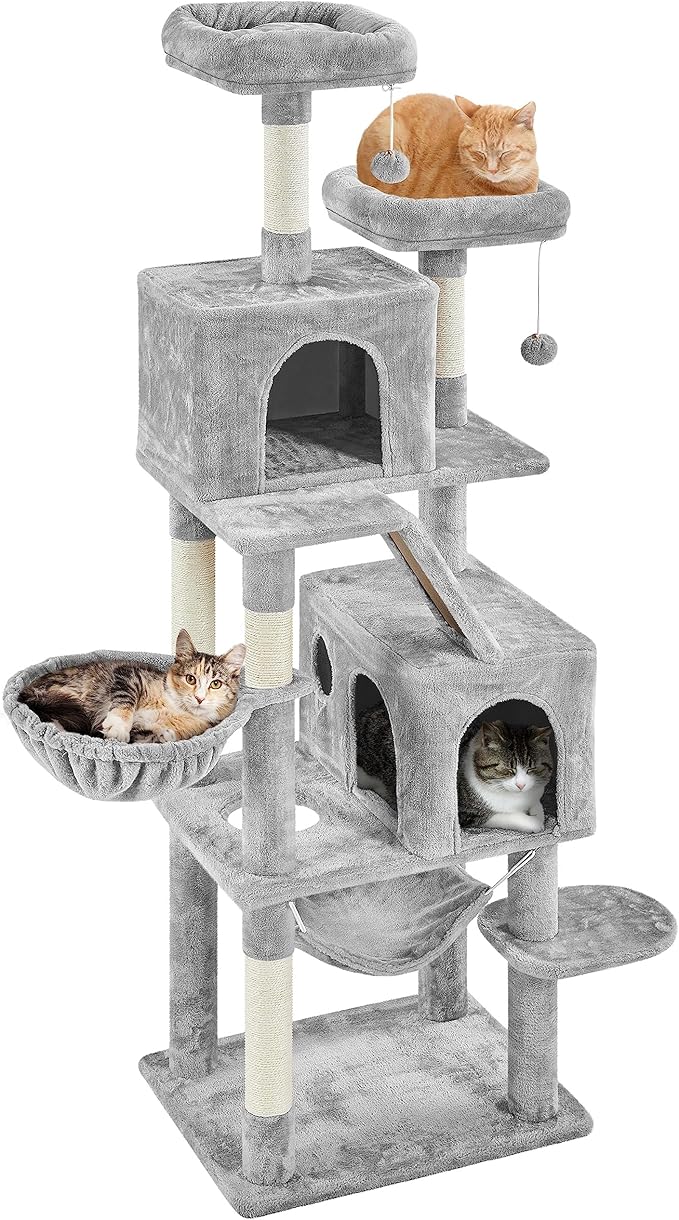 Topeakmart 71.5 inch Cat Tree Tower, Cat Furniture w/ 2 Condos, 2 Perches, 2 Hanging Balls Pet Stand House with Basket and Hammock for Indoor Cats and Kittens, Light Gray