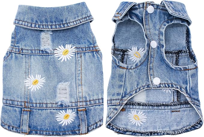Pet Clothes Vintage Denim Dog Jacket with Daisy Embroidery - Puppy Stylish Pet Coat for Chihuahua, Yorkie Small Breeds - All-Season Comfort (Light-Blue,Medium)