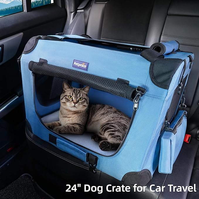 Petprsco Portable Collapsible Dog Crate, Travel Dog Crate 24x17x17 with Soft Warm Blanket and Foldable Bowl for Large Cats & Small Dogs Indoor and Outdoor