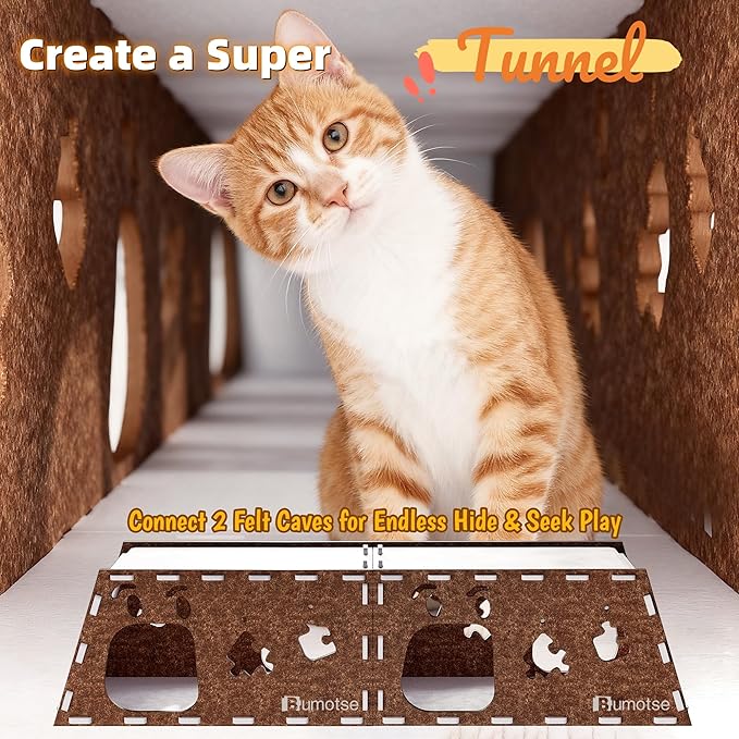 Felt Cat Cave House for Indoor Cats with Catnip Toy, Large Cat Bed Tunnel for Scratching Play, No-Tool Assemble Warm Silent Cat House for Large Cats Up to 22lb, Durable and Washable Coffee