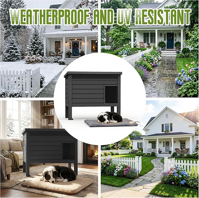 DRATO Indoor & Outdoor Resin Dog House with Raised Floor, Heated Pad and Easy Assembly - Small Breed Shelter Featuring Louvered Vents, Spiked Legs, and Sloped Roof,Black
