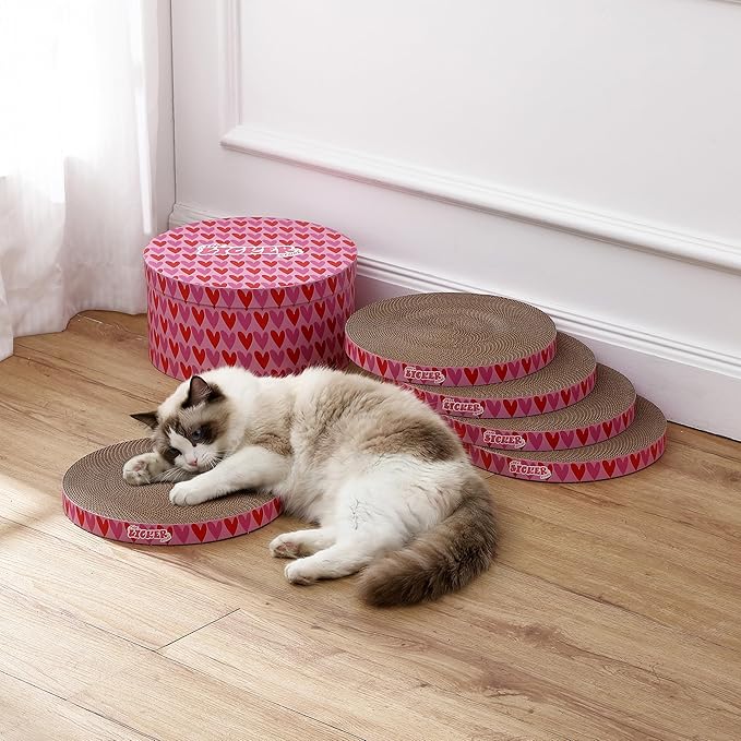 CSR1012E Kate 12 Inch Cardboard Cat Scratcher Pads with Box & Catnip, Reversible Heavy-Duty Scratch Boards for Cats, Furniture Protection, Modern Heart Pattern, Pink/Red, 5-Pack