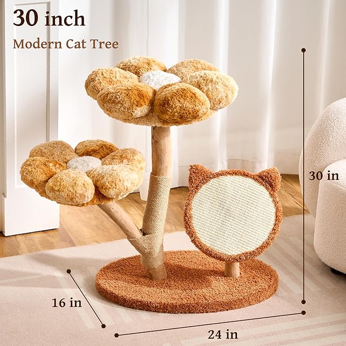 Modern Natural Solid Wood Cat Tree Tower for Indoor Cats Large Adult, 30 inch Flower Cat Tree with Scratching Post, Luxury Aesthetic Cat Tree with Cloud-Soft Flower Perches and Sisal Scratching Pad