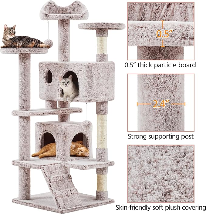 Topeakmart 54in Cat Tree, Cat Tower w/Large Cat Condo Scratching Posts and Perch, Cat Stand House Furniture, Brown/White