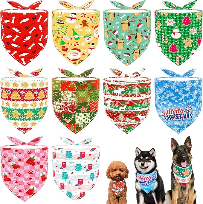 10pcs Christmas Dog Bandanas for Medium Breed Kerchief Triangle Bibs Scarves Snowman Santa Claus Elk Christmas Tree Pattern Girl Boy Grooming Costume