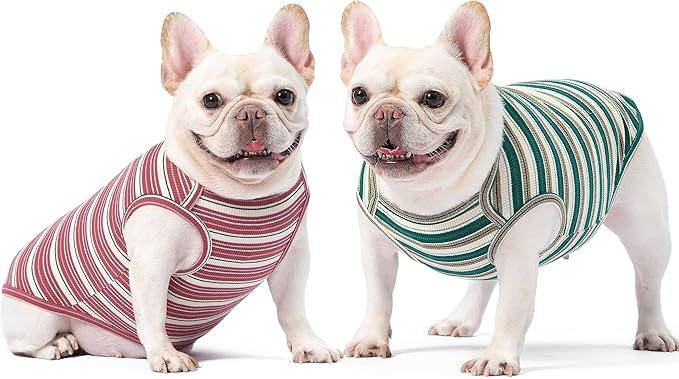Dog Shirts Vest Cotton Striped T-Shirt, Sleeveless Stretchy Pet Clothes for Small Dogs, 2-Pack Soft Breathable Puppy Tank Top Cat Tee (Large, Pine Green,Plum Red)