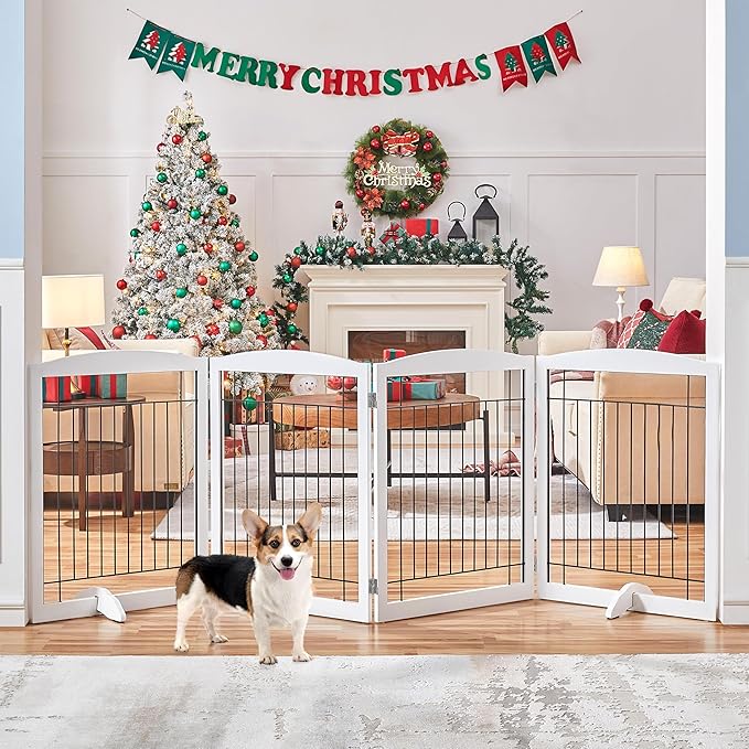 Yaheetech 32-inch Tall Dog Gate Extra Wide Pet Gate for Dogs Indoor Foldable Wire & Wooden Puppy Safety Fence w/2 Support Feet,Freestanding Dog Gate for The House, Doorway, Stairs(White,4 Panels)