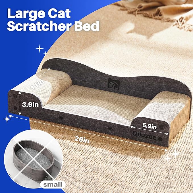 26-Inch Large Cat Scratcher Lounger Bed, Durable Cat Scratching Pad, Cat Scratch Board for Indoor Cats, Corrugated Cardboard Cat Scratcher Bed to Lounge and Scratch, Furniture Protector, Grey
