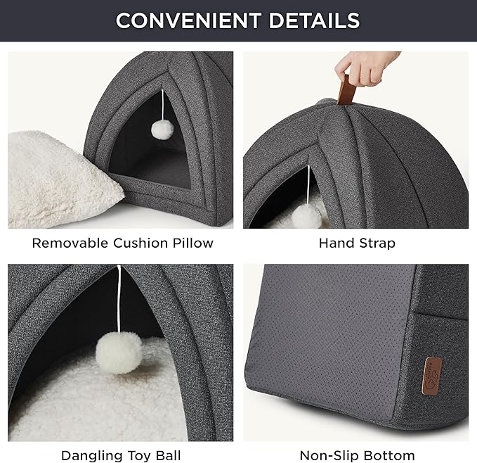 Bedsure Cat Beds for Indoor - 2 in 1 Cat Cave House Tent for Kittens and Small Pets with Removable Washable Cushioned Pillow, Foldable Kitten Hideaway with Non-Slip Bottom, Dark Grey, 17.3 inches