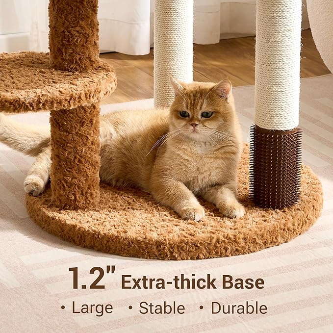 Modern Cat Tree Tower with Scratching Post for Indoor Cats Up tp 15lbs, 50.5" Tall Cat Tree with Flower/Fluffy Cat Beds, Acrylic Capsule, Multi-Level Platforms & Interactive Toy, White & Brown