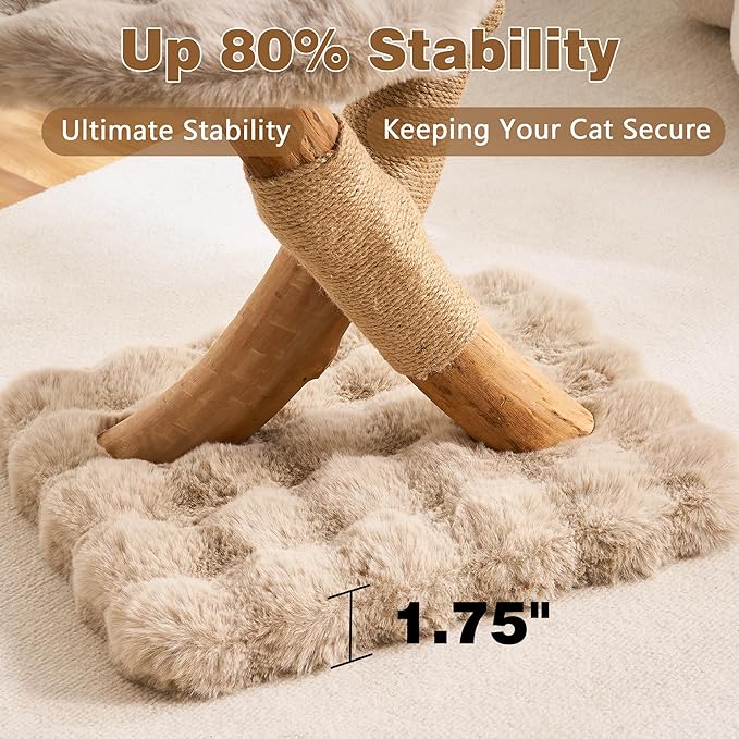 HITTITE Natural Solid Wood Cat Tree Tower with Scratching Post, 32 Inches Tall Modern Cat Tower with Rattan Bed and Platforms, Luxury Real Branch Cat Tree for Indoor Cats Large Adult, Khaki.
