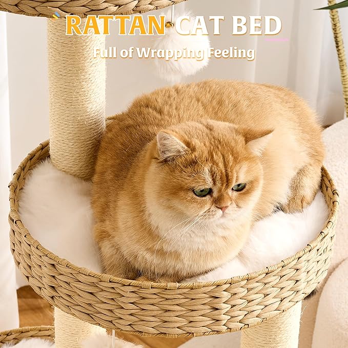 HITTITE Modern Cat Tree Tower with Scratching Post, 47 Inches Tall Cat Towers with Scratching Ball & Pad, Multi-Level Cat Tree with Rattan Bed and Removable Cushions for Indoor Cats Large Adult.
