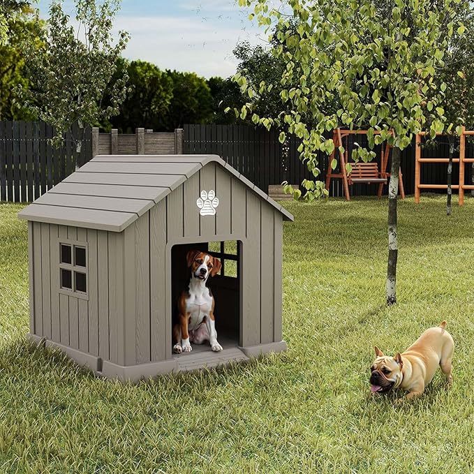 EasyUp Dog House Outdoor Indoor,Dog House Weatherproof Resin Shelter with Air Vents and Elevated Floor for Small Medium Large Dogs,Easy Clean and Assemble(31.18 * 33.7 * 32.52in,Coffee)