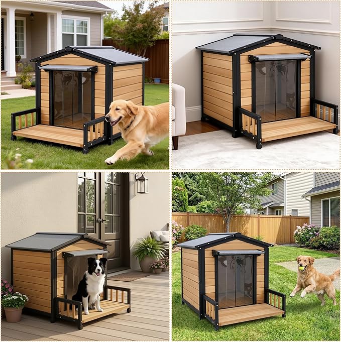 Large Indoor Outdoor Dog House,Wood Insulated Dog House,Weatherproof Outside Shelter with Elevated Floor,Easy to Assemble for Small Medium Large Dog(43.2" L x32.7 W x 31.8" H)