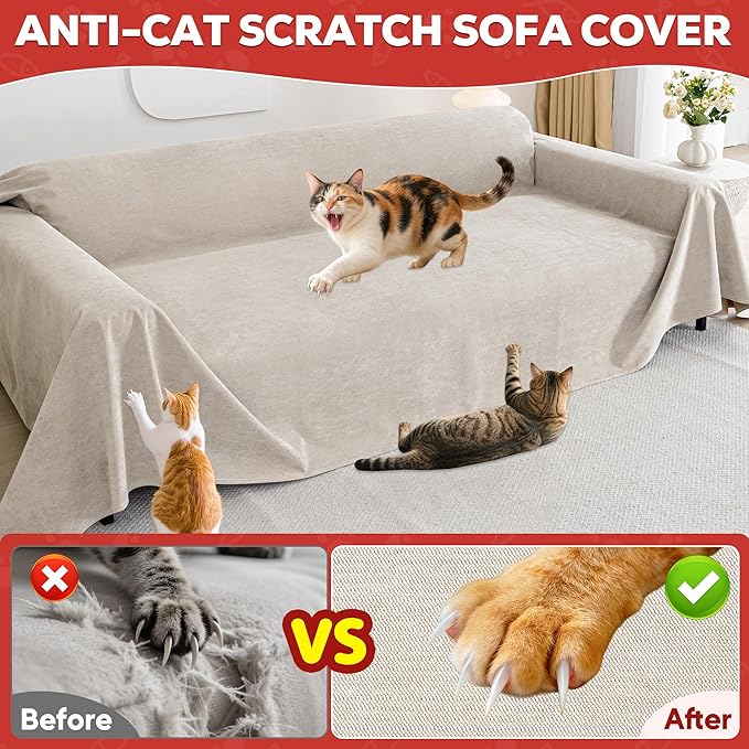 Cat Scratch Furniture Protector - Anti-Slip, Waterproof Sofa Cover to Keep Cats Off, Pet-Friendly Couch Protectors for 3 Cushion Couch, Khaki Anti-Scratch Couch Cover for Pets and Kids 150"X71"