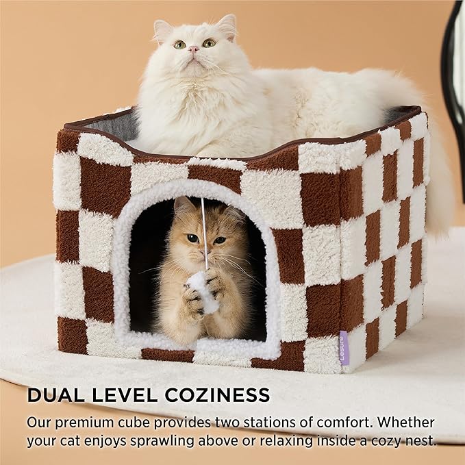 LE SURE Indoor Cat Beds Kitten House - Large Cat Cave for Pet Cube with Fluffy Ball Hanging, Foldable Small Animal Hideaway, 16.5x16.5x13 inches, Brown Checks
