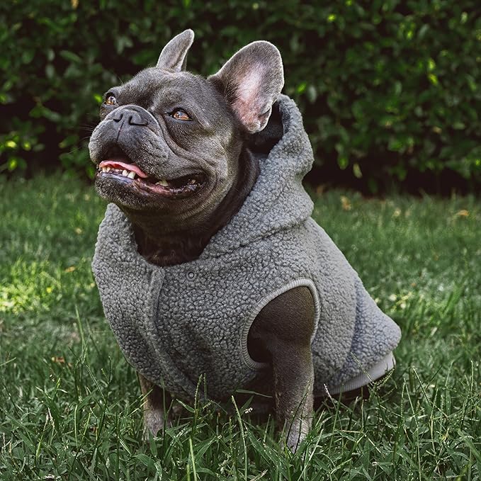 Tuff Pupper Fleece Dog Hoodie Sweater | Teddy Sherpa Outer & Soft Polar Fleece Lining | Adjustable Fit Winter Coat with Hood, Leash Hole, Ribbed Cuffs | for Small Medium Large XL XXL Dogs (Grey, S)